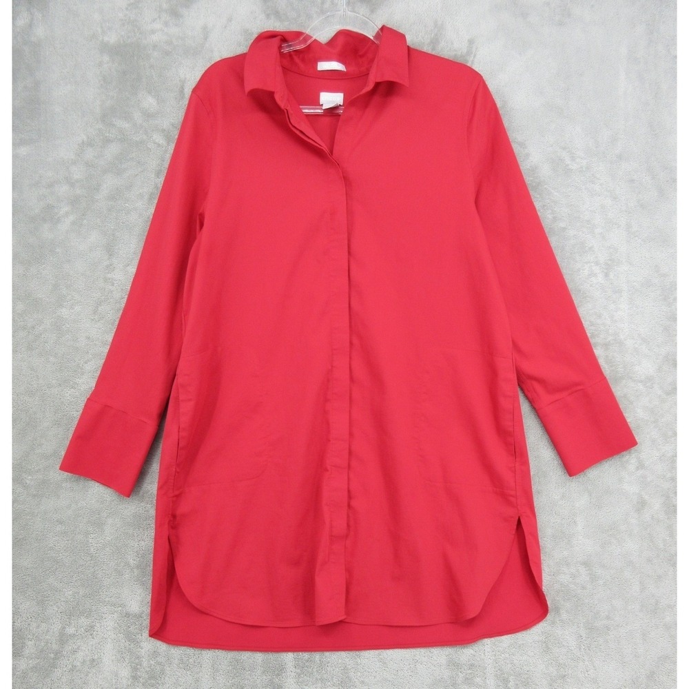 Chicos Shirt Womens 2 US Large 12 Tunic Button Front Pockets No Iron Stretch